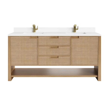 James Martin Vanities Solene 72 in. Double Vanity, Seaside Oak, w/ Single Hole 3 CM White Zeus Quartz Top & Backsplash D225-V72-SSO-1WZ