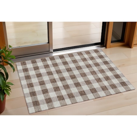 Homeroots 3' X 5' Brown And Beige Plaid Washable Indoor Outdoor Area Rug 595469