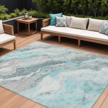 Homeroots 9' X 12' Teal Blue And Silver Abstract Washable Indoor Outdoor Area Rug 618440