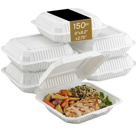 Eco Harmony Products Clamshell Hinged Food Storage Container, MFPP, Center Slide, 9" x 8.2", 150PK 804600