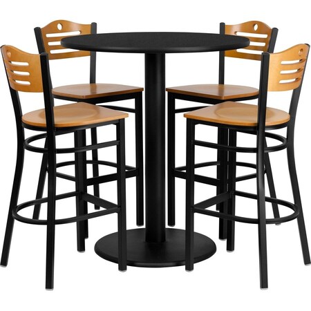 Flash Furniture Round Blk Bar Table, Rnd w/Natural Seats, 36", 36" L, 36" W, 42" H, Laminate Top, Wood Grain MD-0020-GG