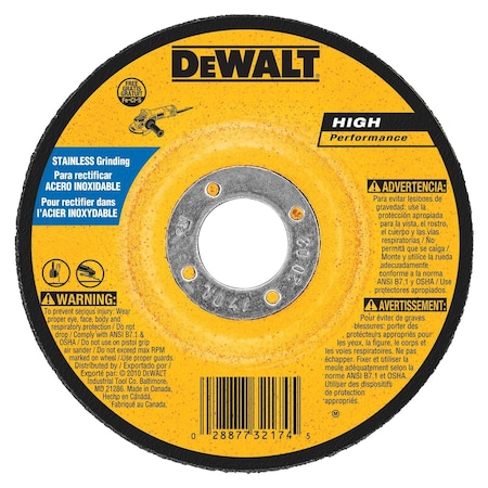 Dewalt Depressed Center Wheels, Type 27, 5 in Dia, 1/4 in Thick, 7/8 in Arbor Hole Size, Aluminum Oxide DW8464