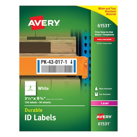 Avery Avery Durable ID Labels with TrueBlock Technology, 61531, Laser, 3-1/4" x 8-3/8", White, PK50 7278261531