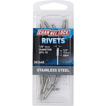 Channellock 1/8'' Dia. x 1/2'' Grip Stainless Steel POP Rivet, 15PK 302648