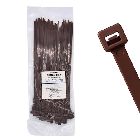 Cable Ties Unlimited Cable Tie, 11 in L, 50 lb Strength, 3.2 in Max Bundle Dia, Nylon 6/6, Brown 100PK C11-50-Brown