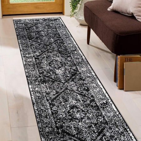 World Rug Gallery Vintage Medallion Runner Rug 2 ft 3 in x 8 ft Black WR142BLACK2X8