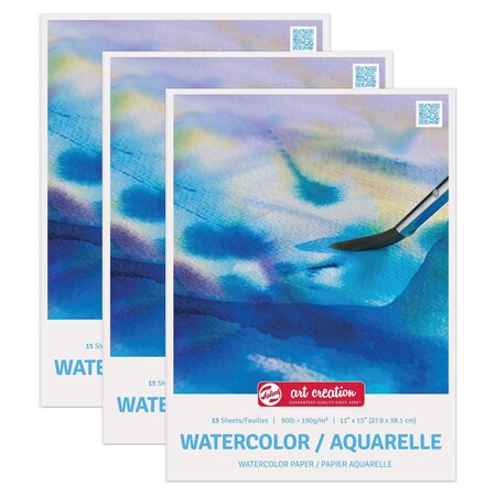 Talens Art Creation Watercolor Paper Pad, 90lbs, 11'' x 15'', 15 Sheets, 3PK 9317802M