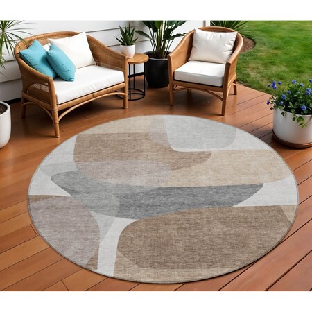 Homeroots 8' Brown And Gray Round Abstract Washable Indoor Outdoor Area Rug 632169