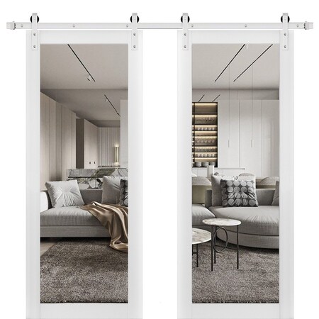 Sartodoors Sturdy Double Barn Door with Clear Glass, Lucia 2166 White Silk, 13FT Rail Hangers Heavy Set, Sol LUCIA2166DB-S-WS-4884