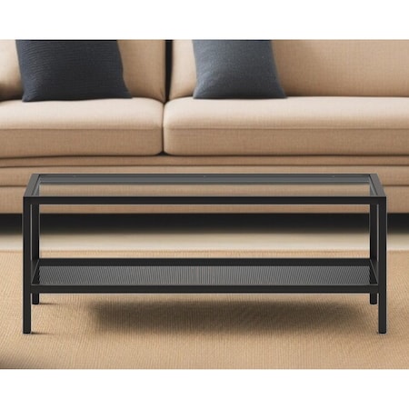 Homeroots 45" Clear And Black Glass And Steel Coffee Table With Shelf 520910
