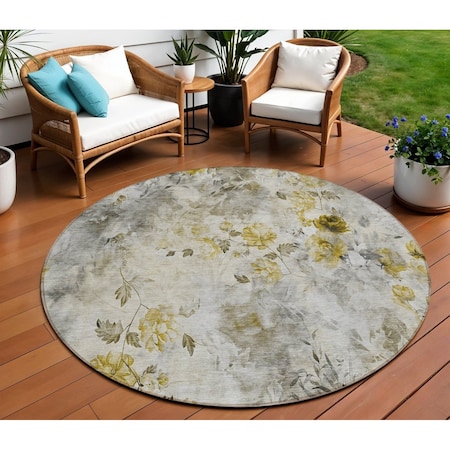 Homeroots 8' Taupe Ivory And Tan Round Floral Washable Indoor Outdoor Area Rug 583150