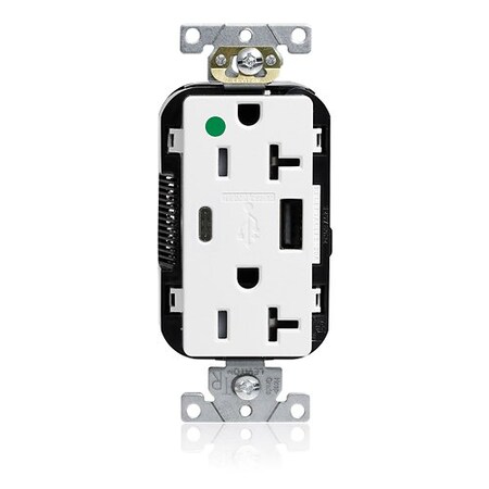 Leviton USB Receptacle, 20 A, 1 hp, White, PBT M58AC-HGW