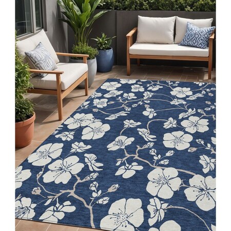 Homeroots 5' X 8' Navy Blue And Ivory Floral Washable Indoor Outdoor Area Rug 599899