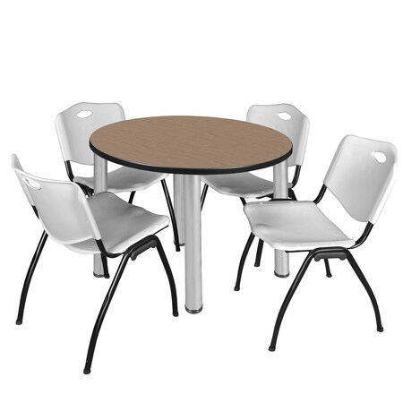Regency Round Kee Breakroom Table W/ 4 M Stack Chairs, 36 in W, 36 in L, Noble Oak TB36RNDNOBPCM47GY