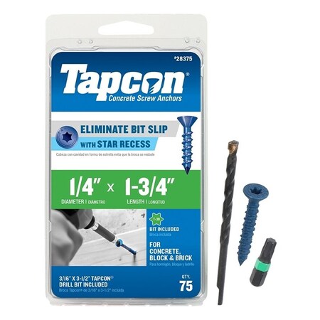 Tapcon 28375 Concrete Screw Anchor, T30 Screw, 1/4 in Dia, 1-3/4 in L, Steel, Climaseal, 75/PK, 75PK 28375/24375