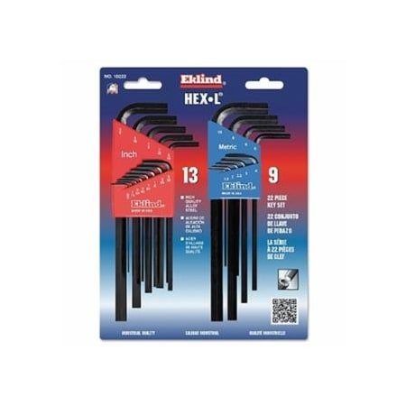 Eklind Hex-L Key Set, 22 per card, Hex Tip, Inch/Metric, Long Arm 269-10222