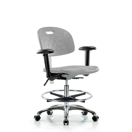 Blue Ridge Ergonomics CL100CleanRoom Chair-Medium Bench Ht with Seat Tilt, Adj Arms, Chrome Foot Ring, & Casters in Gray Poly CLR-HPMBCH-CR-T1-A1-CF-CC-GRY