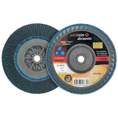 Z-Prime Zirconia Premium Trimmable Flap Discs with Built-in Hub, 4-1/2in x 5/8-11, Grit 60, 10PK 10631