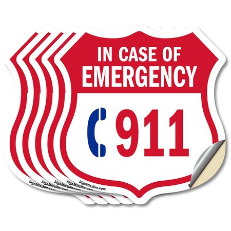 Signmission Emergency 911 Phone Shield Sign In Case, 4 inch X 4 inch, Vinyl Decal, 5PK SHI-D-5PACK-4-380