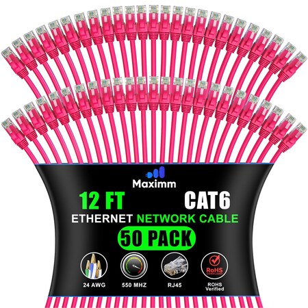 Maximm Cat6 Ethernet Cable 12ft 10Gbps 550MHz UTP, 50PK, Pink, 50PK CAT6CCA-12PN-50PK