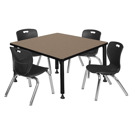 Regency Square Kee Adjustable Classroom Table W/ 4 Andy Stack Chairs, 36 in W, 30 in L, Noble Oak TB3636NOAPBK45BK