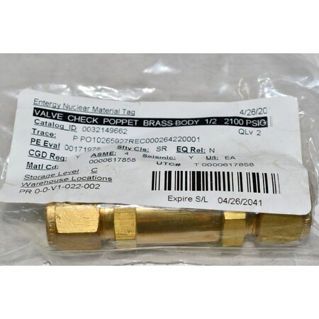 Swagelok Brass Poppet Check Valve, Fixed Pressure, 1/2 in. Tube Fit B-8C-1/3