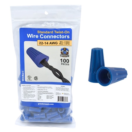 Grizzly Supply Standard Screw-On Wire Connector, 22-14 AWG, 300V, Thermoplastic, Blue 100PK WCS-Blue-C