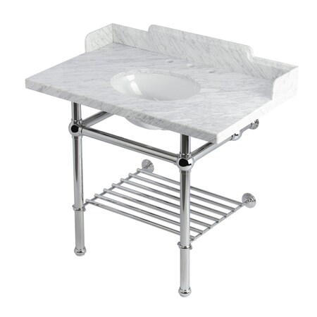 Kingston Brass 36-Inch Carrara Marble Console Sink with Brass Legs and Shelf, 8-Inch, 3-Hole LMS3630MBB1