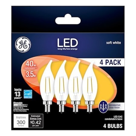 Ge LED Bulb, Decorative, 300 Lumens, 4 W, CA Lamp, 40 W Equivalent, Dimmable, Soft White, PK4 92674