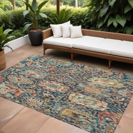 Homeroots 8' X 10' Navy Blue Terra Cotta And Beige Damask Washable Indoor Outdoor Area Rug 603746