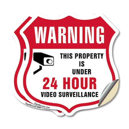 Signmission 24 Hour Surveillance Shield Sign Warning, 4 inch X 4 inch, Vinyl Decal, 2PK SHI-D-2PACK-4-347