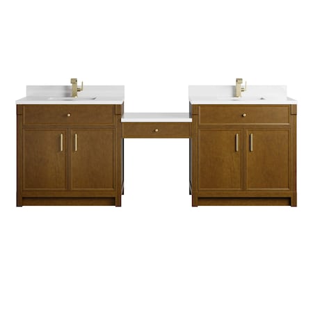 James Martin Vanities Bellshire 96" Dual Vanity Set w/24" Make-Up Counter, Honey Oak w/Sgl Hole 3 cm White Zeus Silestone 660-VMC96-HNO-1WZ