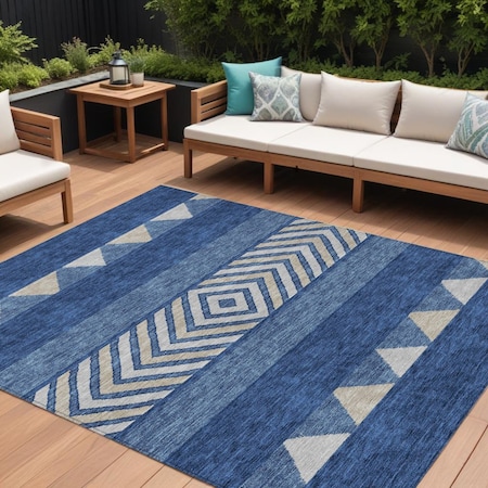Homeroots 10' X 14' Navy Blue Ivory And Beige Southwestern Washable Indoor Outdoor Area Rug 613932