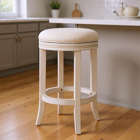 Homeroots 26" Bone and Antiqued White Fabric and Solid Wood Backless Counter Height Swivel Bar Chair 632408