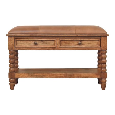 Homeroots 35in Brown Genuine Leather and Solid Wood Upholstered Storage Bench With Cabinet 717480