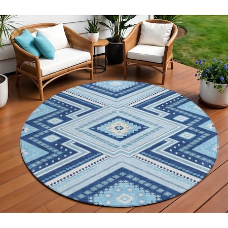 Homeroots 8' Navy Blue Aqua And Ivory Round Tribal Washable Indoor Outdoor Area Rug 598138