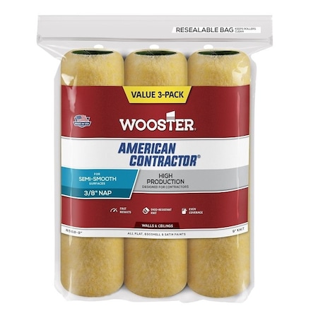 Wooster Roller Cover, 3/8 in Thick Nap, 9 in L, Fabric Cover R568-9