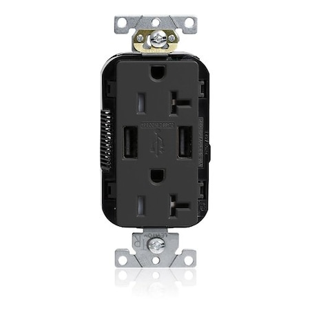 Leviton USB Receptacle, 20 A, 1 hp, Black, PBT M58AA-E