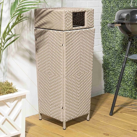 Happimess Keaton Modern 24.13Gal All-Weather Wicker/Metal Lidded Hideaway Outdoor Trash Can, Light Pink/White HPM1203D