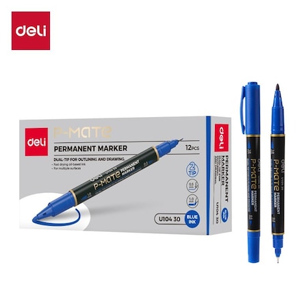 Deli MATE Permanent Marker, Dual Tip (Bullet/Needle), Blue, 12PK EU10430