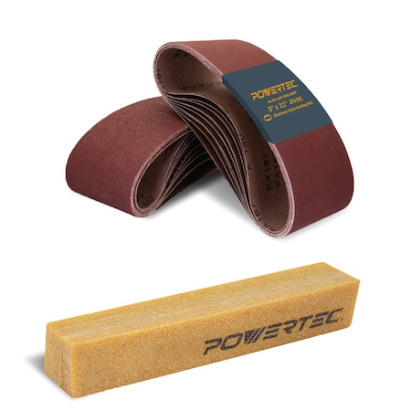 Powertec Sanding Belt Assortment, 3in W, 21in L, 5 EA of 40/80/120/240 Grit, 20PK & Abrasive Cleaning Stick 110434N