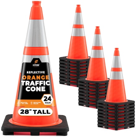 Xpose Safety Traffic Safety Cone, 28 in, PVC, Dual 6 in & 4 in Reflective Collar, DOT Approved, Orange, 24 pk OTC28-64-24-X