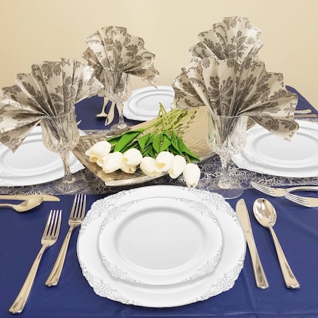 Smarty Had A Party White with Silver Fancy Round Disposable Plastic Dinnerware Value Set, 240PK 8880-WHSVP-CASE