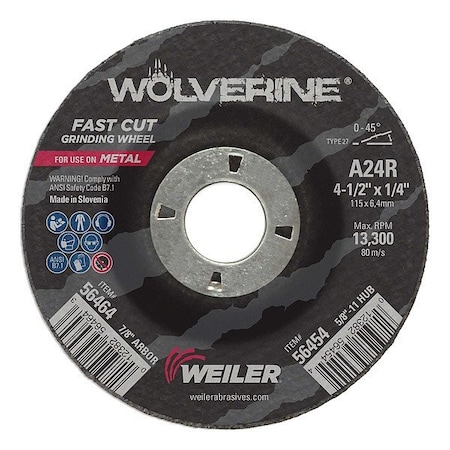 Weiler Abrasive Grinding Wheel, Type 27, 4 1/2 in Dia, 0.25 in Thick, 7/8 in Arbor Hole Size, 24 Grit 56464