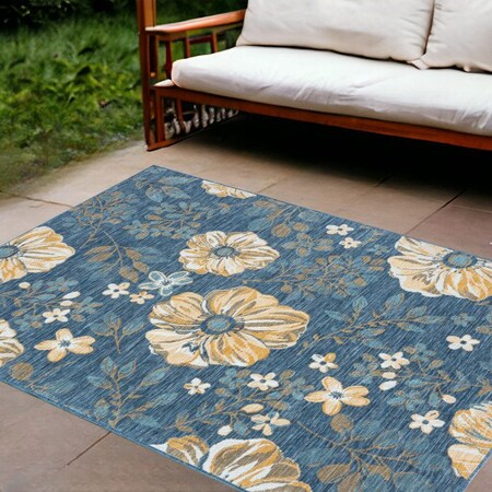 Homeroots 8' X 10' Blue White and Yellow Floral Stain Resistant Indoor Outdoor Area Rug 548893