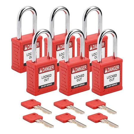 Brady Padlock, Keyed Alike, Nylon, Red, 1 1/2 in Shackle Height, 1 1/2 in Body Width, 6 No. of Keys, 6 PK SDPL-RED-38ST-KA6