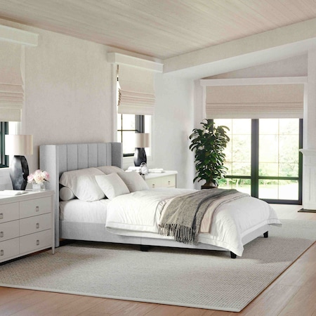 Martha Stewart Kay Full Upholstered Platform Bed w/Channel Stitched Wingback Headboard/Cushioned Siderails, Gray TW-3WDB03B-F-GY-MS