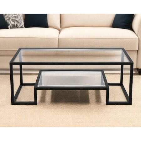 Homeroots 45" Clear And Black Glass And Steel Sled Coffee Table With Shelf 520964