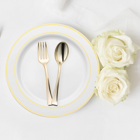 Smarty Had A Party Gold Disposable Plastic Mini Flatware Set - Dessert Spoons and Dessert Forks (600 Guests), 1200PK 790-GCS-CASE