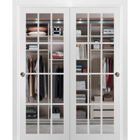 Sartodoors Sliding Closet 12 lites Bypass Doors, Felicia 3355, Sturdy Rails Moldings Trims Hardware Set, Woo FELICIA3355DBD-WS-4884
